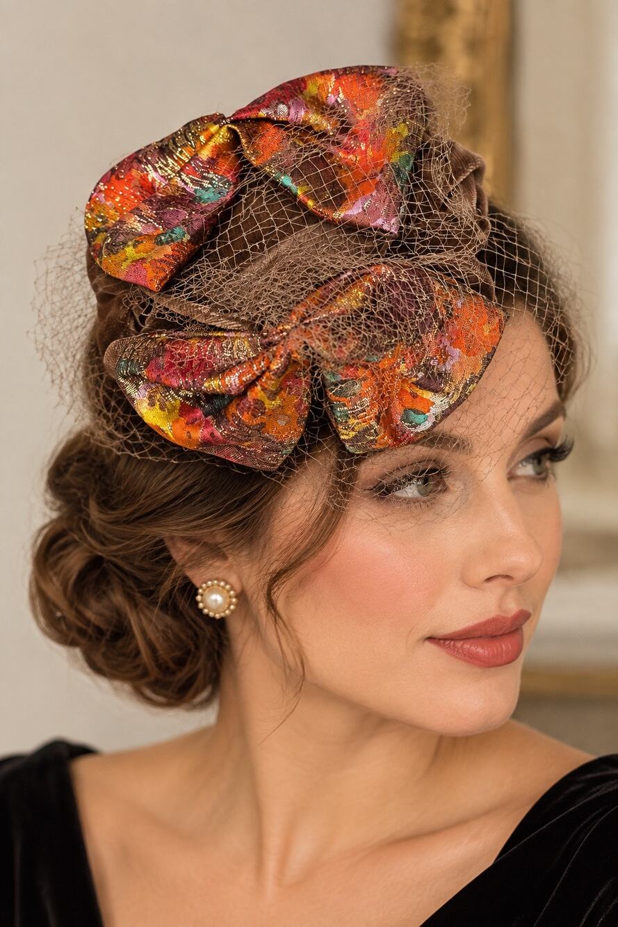Vtg 1950s Brown Velvet Metallic Brocade Bow Half Hat Cocktail Fascinator Veil